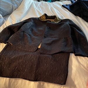 Albert Nipon Black Textured Blazer with Gold Collar and matching textured skirt